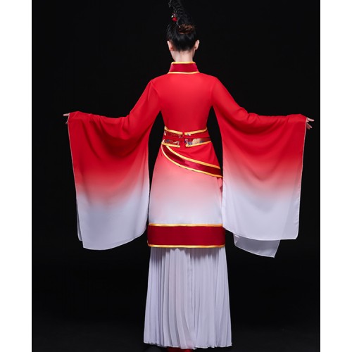 Red gradient hanfu Women's girls chinese folk dance costumes stage performance fairy princess drama cosplay dresses kimono